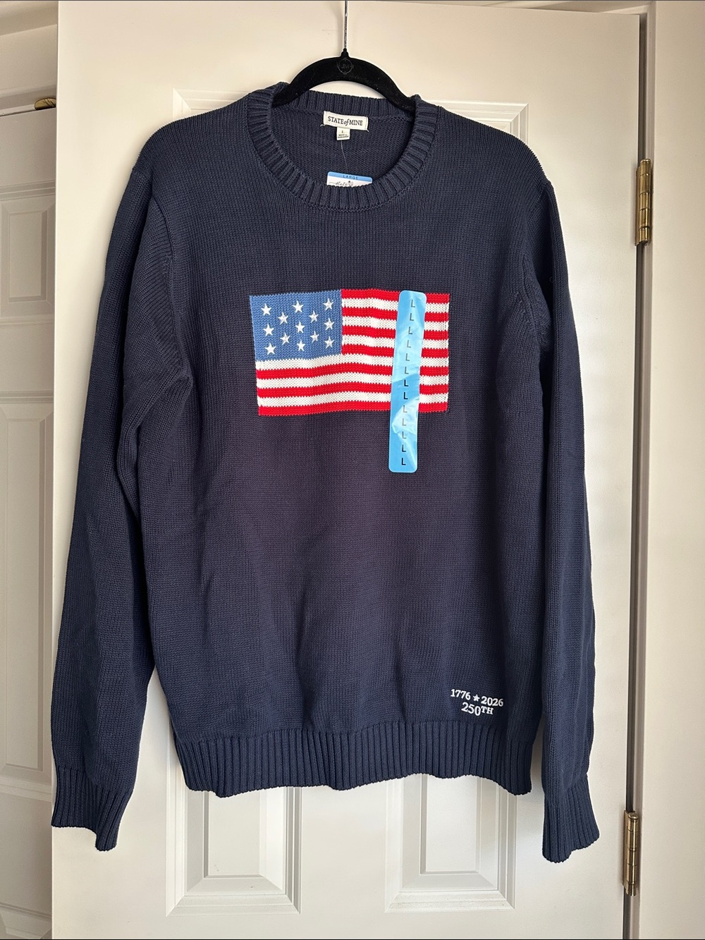 Lange Navy Crewneck Sweater with Red, White & Blue Flag Patch